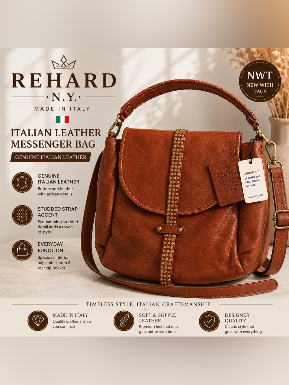 Rehard N.Y. Italian Leather Studded Shoulder Bag - Brown
